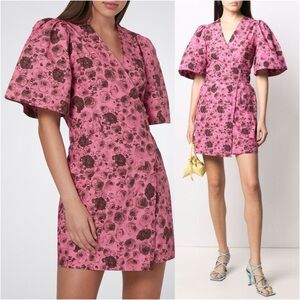 Ganni Wrap Dress Floral Puff Sleeve Mini Size Large EU 40